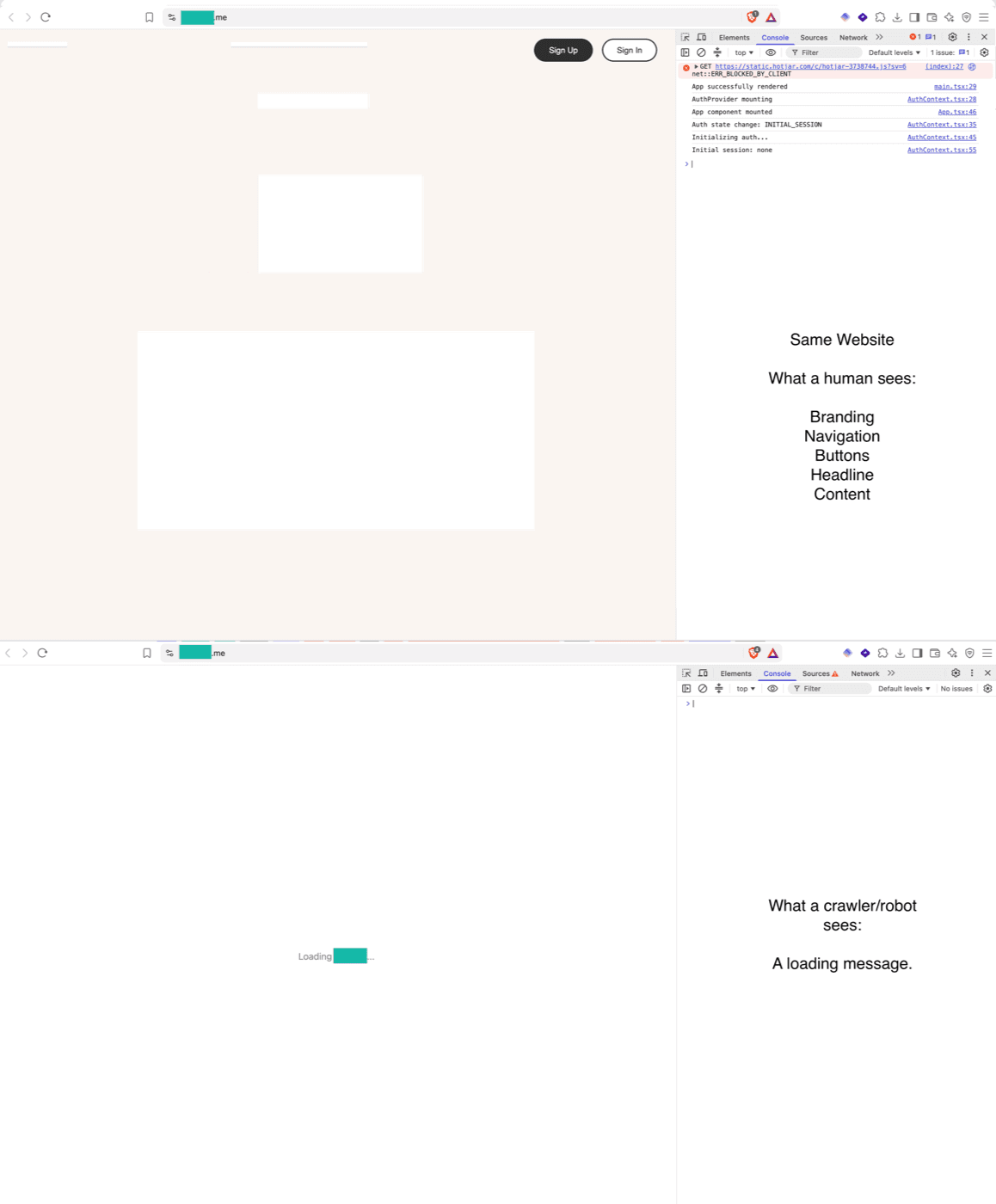 Side-by-side browser comparison of the same website: the top panel shows the fully rendered page with branding, navigation, buttons, and content as a human visitor sees it, while the bottom panel shows the same page with JavaScript unrendered, displaying only a blank layout and a loading message, which is what a non-rendering crawler sees