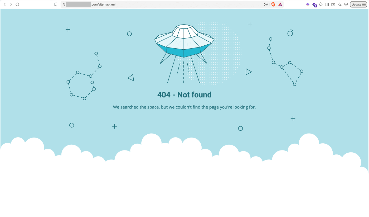 Browser screenshot showing a 404 Not Found error at a website's /sitemap.xml URL, an example of a crawlability failure that keeps search engines and AI crawlers from finding a site's pages